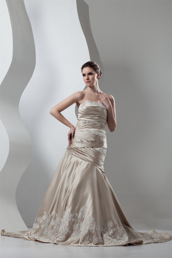 A-Line Satin Sleeveless Strapless Lace Wedding Dresses 2030859