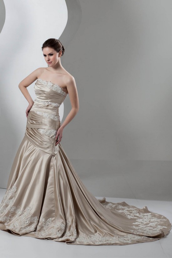 A-Line Satin Sleeveless Strapless Lace Wedding Dresses 2030859