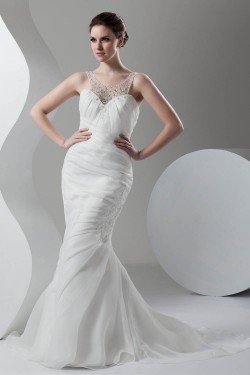 Satin Organza Scoop Sleeveless Mermaid/Trumpet Beaded Wedding Dresses 2030865
