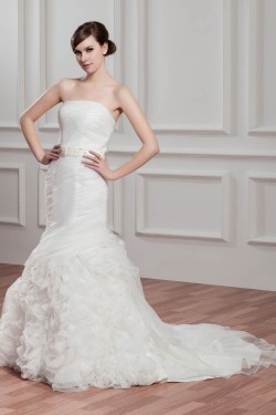 Satin Organza Strapless Mermaid/Trumpet Beaded Wedding Dresses 2030868
