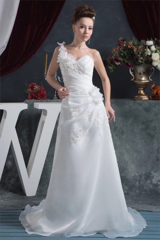Sheath/Column One-Shoulder Satin Organza Beautiful Beaded Lace Wedding Dresses 2030872 Sheath/Column One-Shoulder Satin Organza Beautiful Beaded Lace Wedding Dresses 2030872
