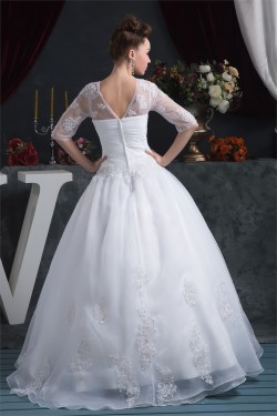 Ball Gown Satin Organza V-Neck Half Elbow Sleeve Floor-Length Wedding Dresses 2030873
