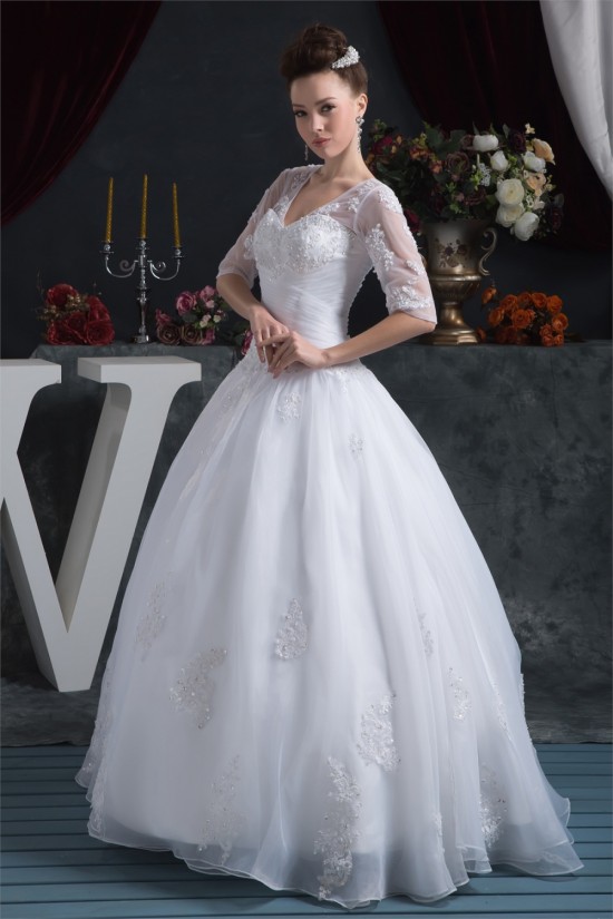Ball Gown Satin Organza V-Neck Half Elbow Sleeve Floor-Length Wedding Dresses 2030873 Ball Gown Satin Organza V-Neck Half Elbow Sleeve Floor-Length Wedding Dresses 2030873