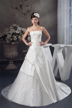 A-Line Sleeveless Satin Strapless Lace Wedding Dresses 2030879