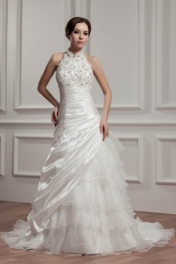 Satin Taffeta Halter A-Line Sleeveless Beaded Lace Wedding Dresses 2030886