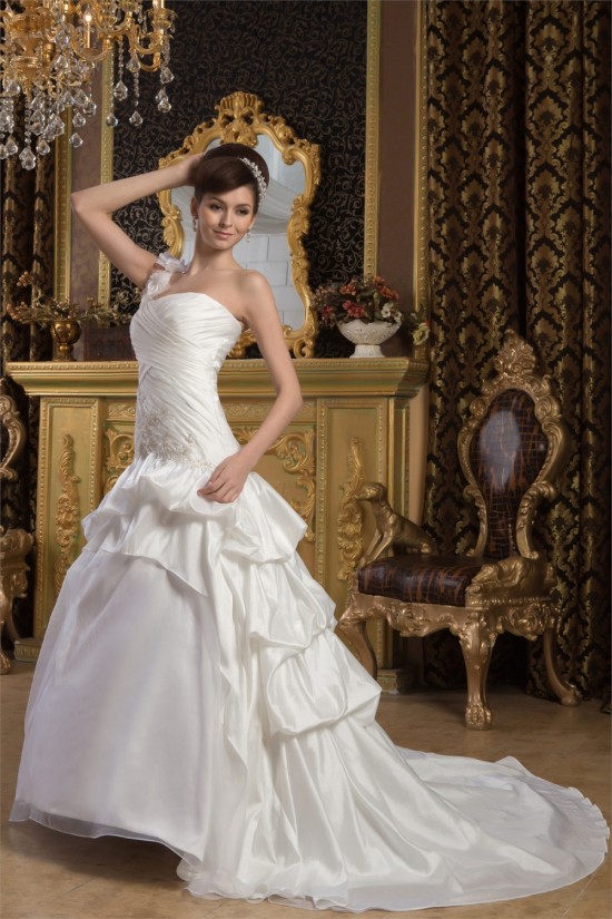 Satin Taffeta Sleeveless A-Line One-Shoulder Sweet Wedding Dresses 2030888 Satin Taffeta Sleeveless A-Line One-Shoulder Sweet Wedding Dresses 2030888