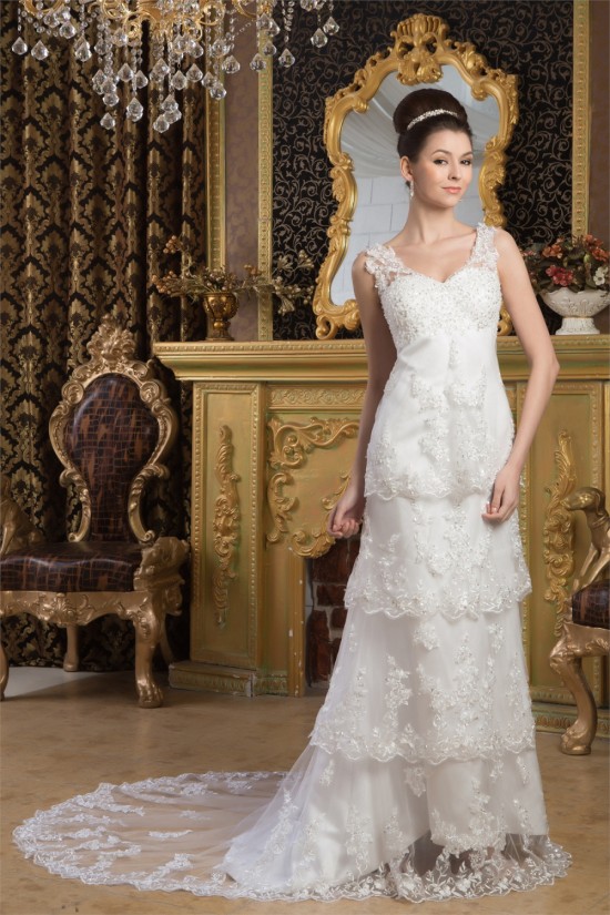 Sheath/Column Satin Fine Netting Sleeveless Beaded Lace Wedding Dresses 2030898