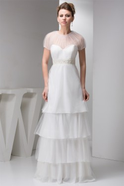 Sheath/Column Satin Fine Netting Sleeveless Beaded Floor-Length Wedding Dresses 2030899
