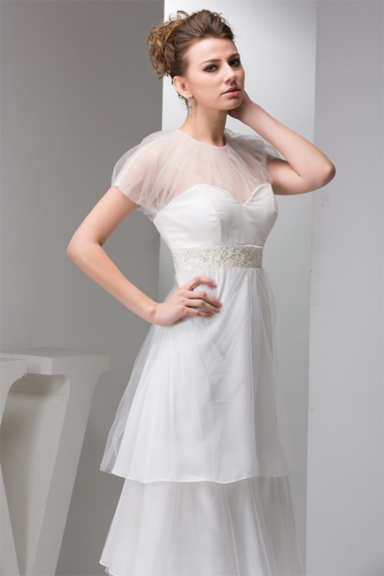 Sheath/Column Satin Fine Netting Sleeveless Beaded Floor-Length Wedding Dresses 2030899