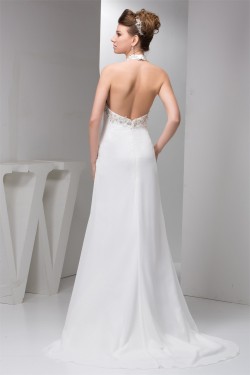 Sheath/Column Sleeveless Chiffon Halter Beaded Wedding Dresses 2030900
