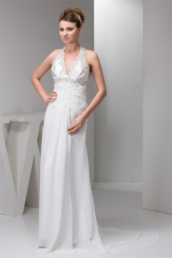 Sheath/Column Sleeveless Chiffon Halter Beaded Wedding Dresses 2030900