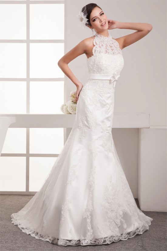 Sheer Mermaid/Trumpet Satin Lace Sleeveless New Arrival Wedding Dresses 2030902