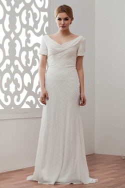 Short Sleeves Sheath/Column V-Neck Beaded Sequins Wedding Dresses 2030903