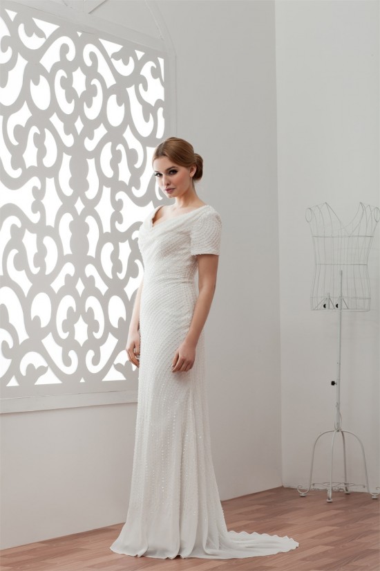 Short Sleeves Sheath/Column V-Neck Beaded Sequins Wedding Dresses 2030903
