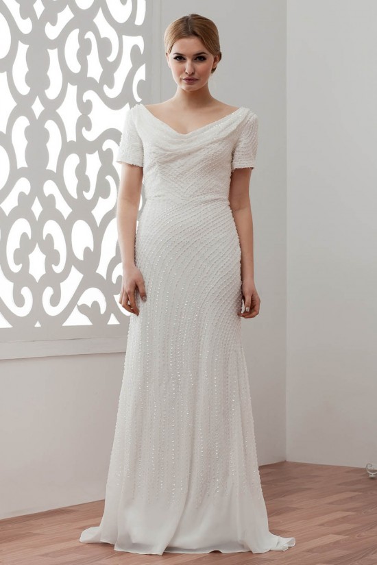 Short Sleeves Sheath/Column V-Neck Beaded Sequins Wedding Dresses 2030903