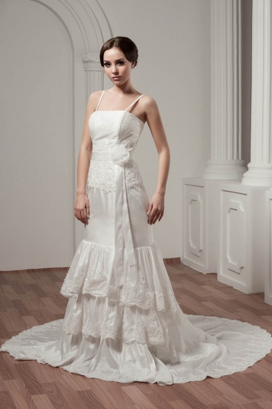 A-Line Satin Taffeta Lace Spaghetti Straps Sweet Wedding Dresses 2030908