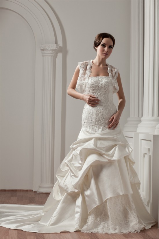 A-Line Strapless Satin Lace Wedding Dresses with A Lace Jacket 2030912