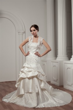 A-Line Strapless Satin Lace Wedding Dresses with A Lace Jacket 2030912