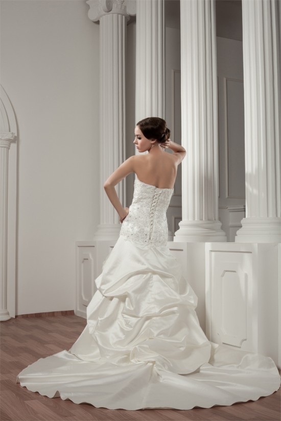 A-Line Strapless Satin Lace Wedding Dresses with A Lace Jacket 2030912