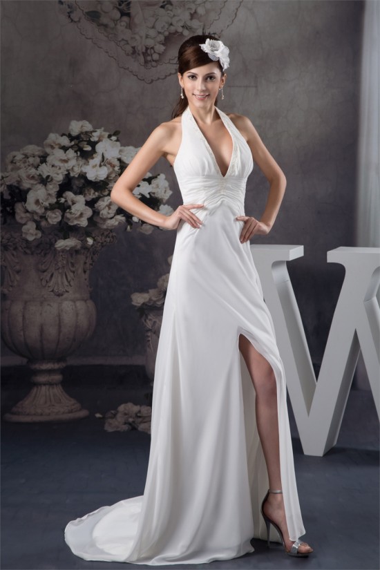 Sheath/Column Halter Chiffon Brush Sweep Train Beaded Wedding Dresses 2030920 Sheath/Column Halter Chiffon Brush Sweep Train Beaded Wedding Dresses 2030920