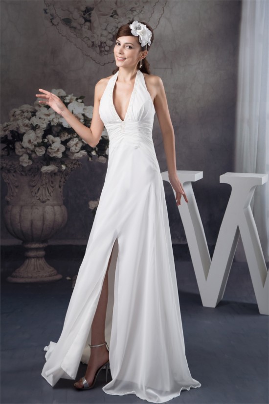 Sheath/Column Halter Chiffon Brush Sweep Train Beaded Wedding Dresses 2030920 Sheath/Column Halter Chiffon Brush Sweep Train Beaded Wedding Dresses 2030920