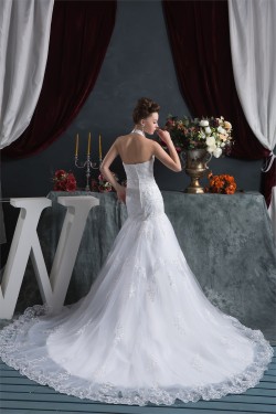 Sleeveless Halter Mermaid/Trumpet Satin Organza Lace Wedding Dresses 2030923
