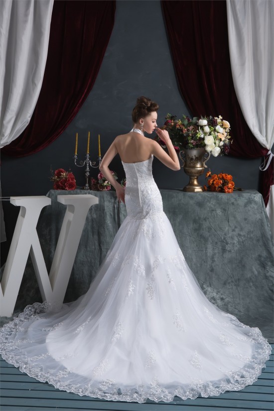 Sleeveless Halter Mermaid/Trumpet Satin Organza Lace Wedding Dresses 2030923 Sleeveless Halter Mermaid/Trumpet Satin Organza Lace Wedding Dresses 2030923