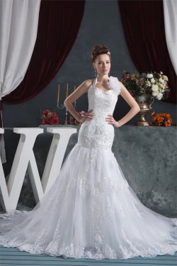 Sleeveless Halter Mermaid/Trumpet Satin Organza Lace Wedding Dresses 2030923