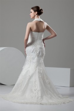 Mermaid/Trumpet Satin Lace Halter Embellished Wedding Dresses 2030925