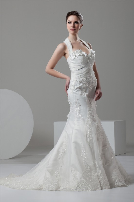 Mermaid/Trumpet Satin Lace Halter Embellished Wedding Dresses 2030925