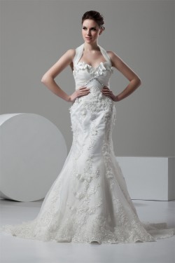 Mermaid/Trumpet Satin Lace Halter Embellished Wedding Dresses 2030925