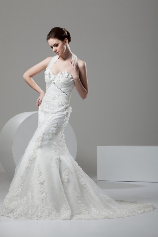 Mermaid/Trumpet Satin Lace Halter Embellished Wedding Dresses 2030925