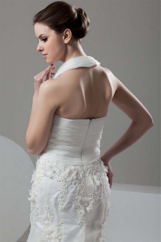 Mermaid/Trumpet Satin Lace Halter Embellished Wedding Dresses 2030925