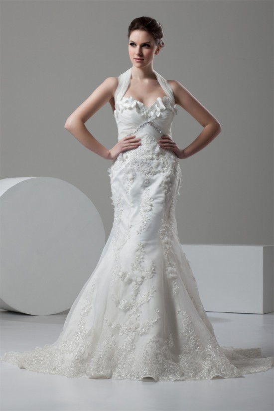 Mermaid/Trumpet Satin Lace Halter Embellished Wedding Dresses 2030925