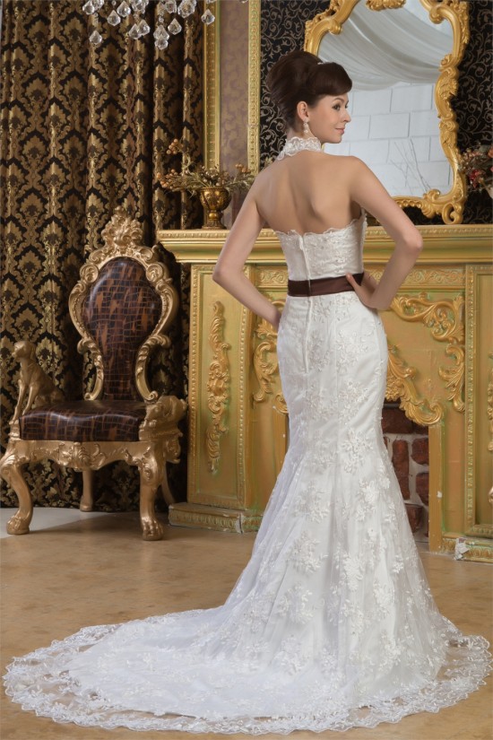 Mermaid/Trumpet Sleeveless Satin Lace Halter Sweet Wedding Dresses 2030926 Mermaid/Trumpet Sleeveless Satin Lace Halter Sweet Wedding Dresses 2030926