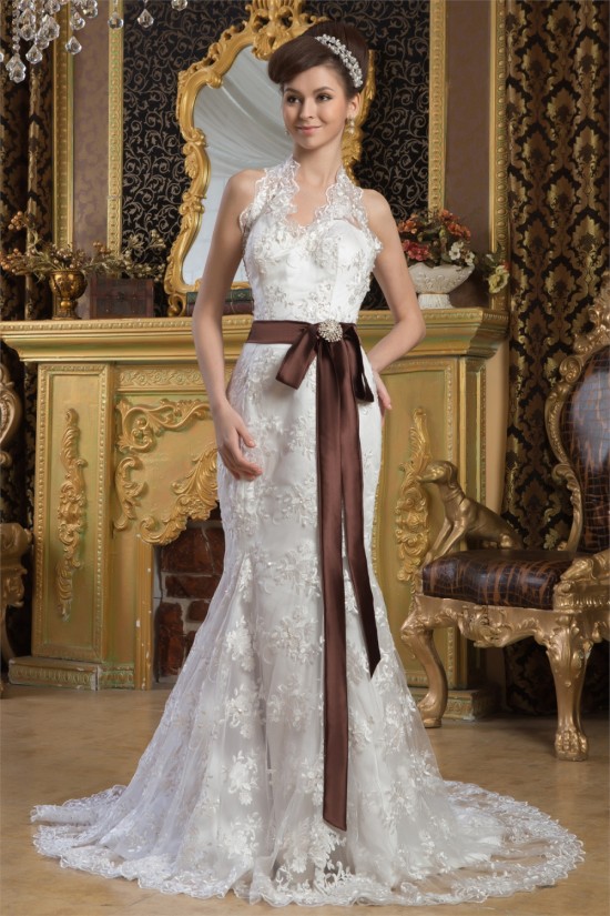 Mermaid/Trumpet Sleeveless Satin Lace Halter Sweet Wedding Dresses 2030926 Mermaid/Trumpet Sleeveless Satin Lace Halter Sweet Wedding Dresses 2030926