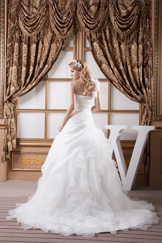 Sleeveless Satin eaded Lace BA-Line One-Shoulder Wedding Dresses 2030933 Sleeveless Satin eaded Lace BA-Line One-Shoulder Wedding Dresses 2030933