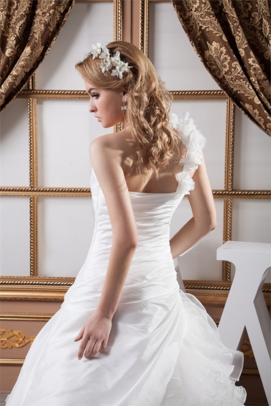 Sleeveless Satin eaded Lace BA-Line One-Shoulder Wedding Dresses 2030933 Sleeveless Satin eaded Lace BA-Line One-Shoulder Wedding Dresses 2030933