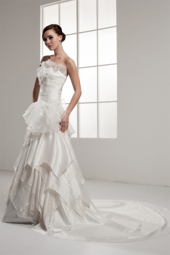 A-Line Strapless Chapel Train Sleeveless Satin Lace Wedding Dresses 2030934 A-Line Strapless Chapel Train Sleeveless Satin Lace Wedding Dresses 2030934
