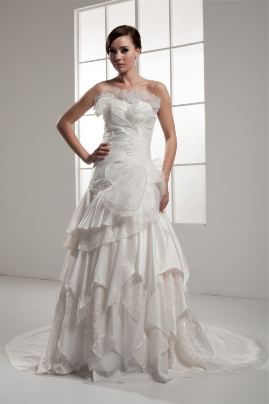 A-Line Strapless Chapel Train Sleeveless Satin Lace Wedding Dresses 2030934 A-Line Strapless Chapel Train Sleeveless Satin Lace Wedding Dresses 2030934