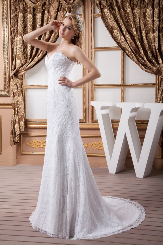 Sleeveless Satin Beaded Lace Mermaid/Trumpet Sweetheart Wedding Dresses 2030938