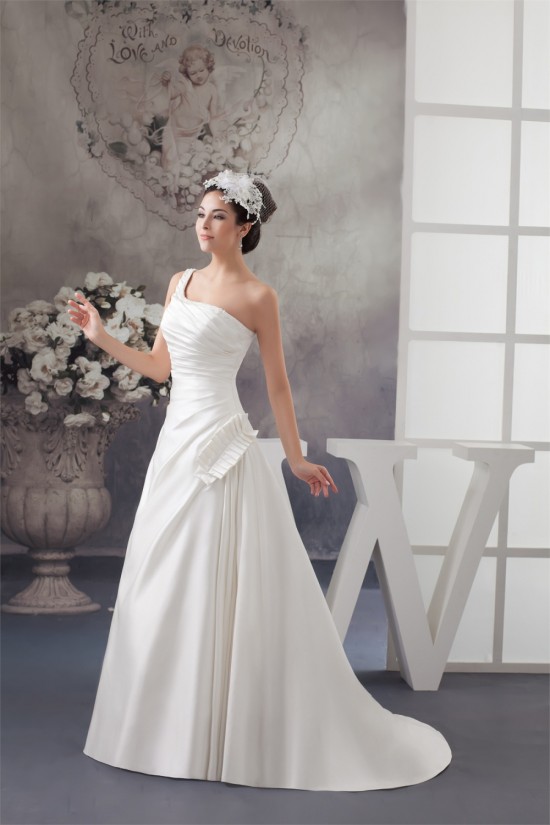 Sleeveless Satin One-Shoulder A-Line Beaded Wedding Dresses 2030941