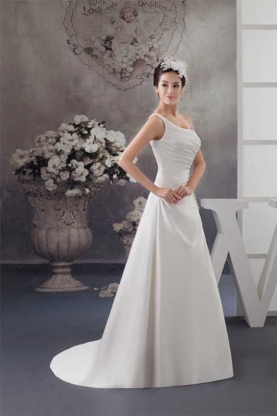 Sleeveless Satin One-Shoulder A-Line Beaded Wedding Dresses 2030941