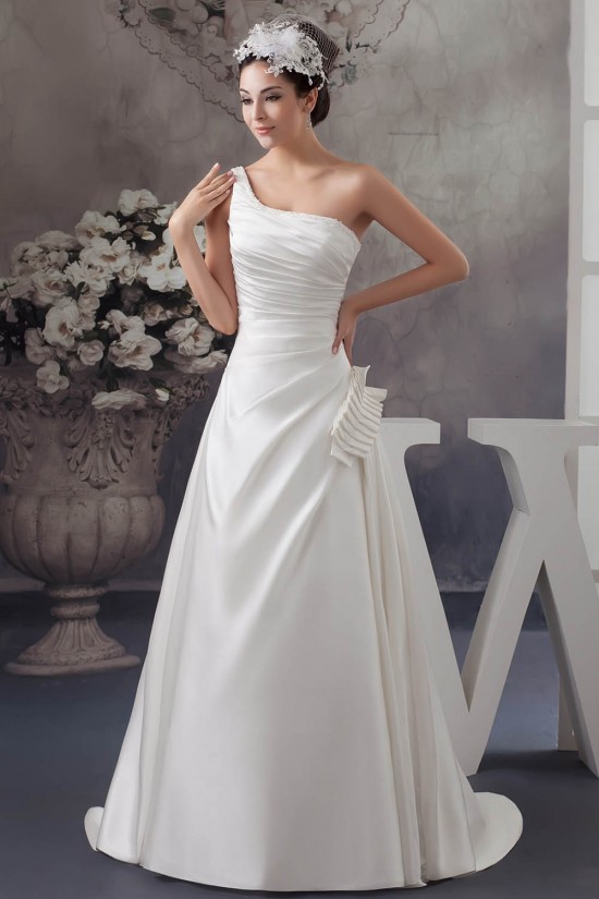 Sleeveless Satin One-Shoulder A-Line Beaded Wedding Dresses 2030941