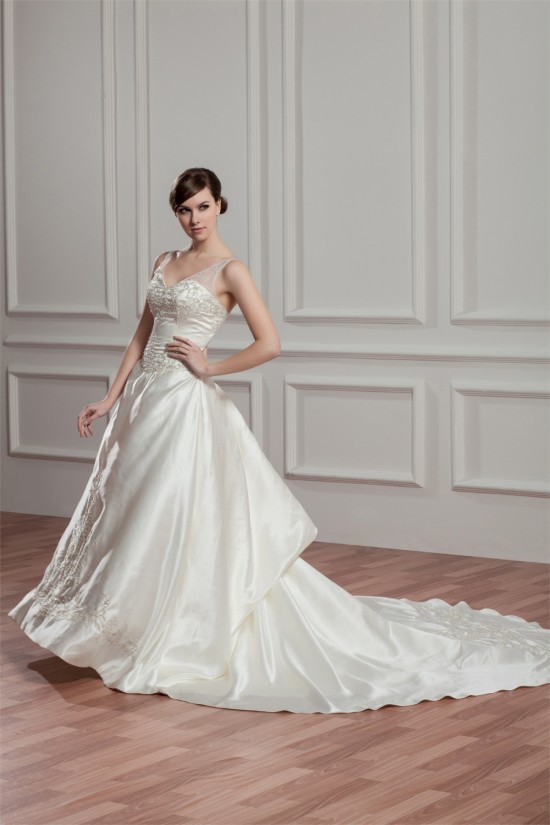 Sleeveless Sheer Satin Fine Netting A-Line Wedding Dresses 2030954