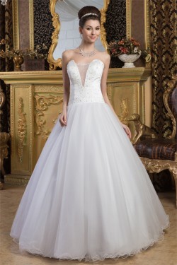 Sleeveless Strapless A-Line Satin Fine Netting Beaded Wedding Dresses 2030960
