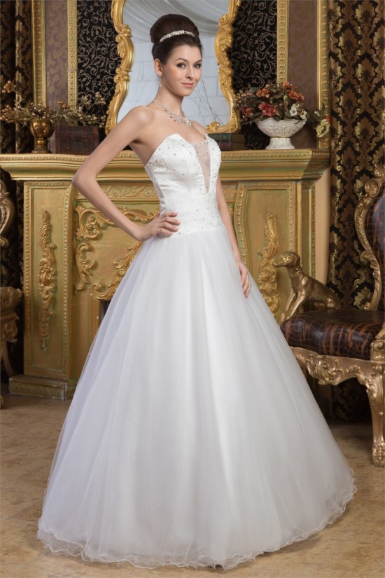 Sleeveless Strapless A-Line Satin Fine Netting Beaded Wedding Dresses 2030960