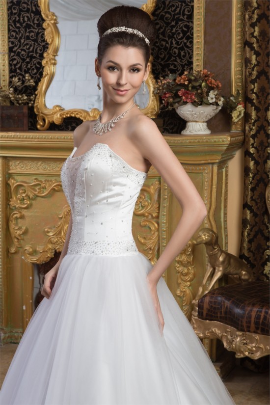Sleeveless Strapless A-Line Satin Fine Netting Beaded Wedding Dresses 2030960