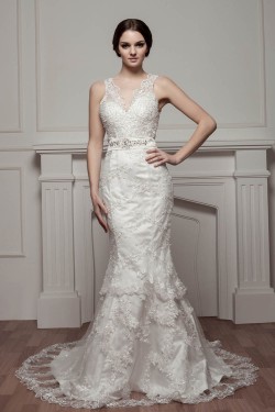 Trumpet/Mermaid V-Neck Beaded Lace Wedding Dresses 2030962