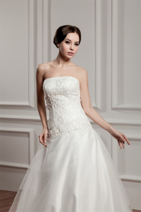 A-Line Sleeveless Strapless Satin Beaded Lace Wedding Dresses 2030963